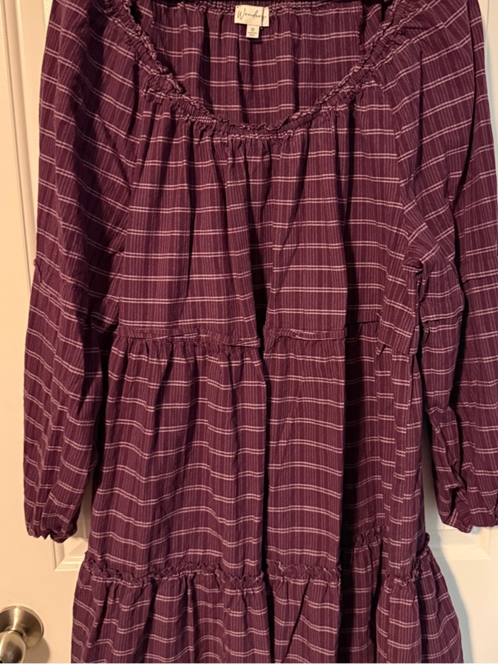 Women's Purple Plaid Tiered Peasant Dress Sz 1X Boho Retro oversized